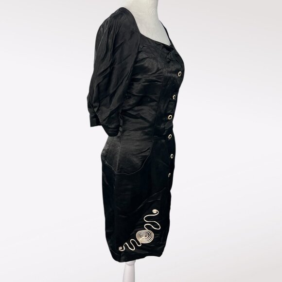 Vintage 80s Black Puff Sleeve Dress Italy Primadonna Buttons Pockets Size Small - Picture 6 of 10